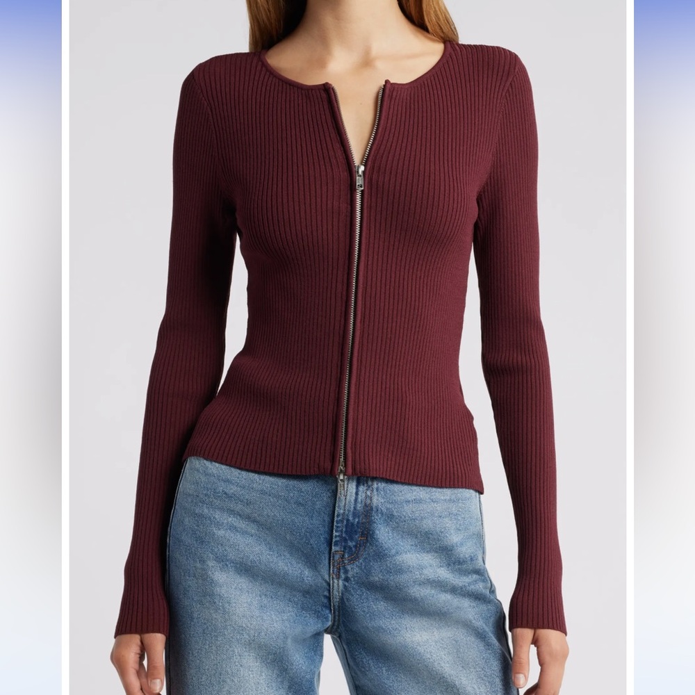 *Never Worn* Good American Virgo Rib Zip Cardigan Sweater in Oxblood (Maroon)